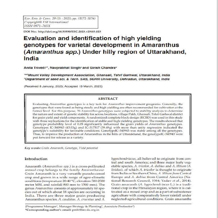 Evaluation and identification of high yielding genotypes for varietal development in Amaranthus (Amaranthus spp.) Under hilly region of Uttarakhand, India